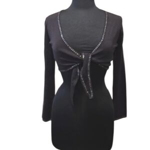 Cejon Brown Whimsigoth Tie Front Crop Blouse Sequin Trim Festival Hippie